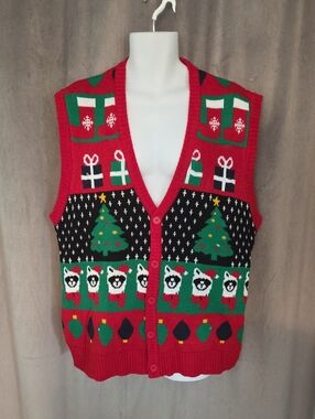 George XL Red Holiday Knit Cardigan Vest with Green & Black Accents